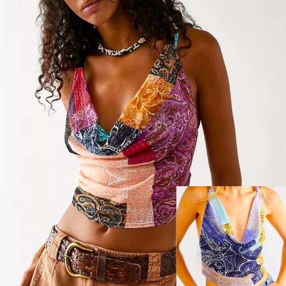 Free People Laila Top - Lilac/Purple/Blue Combo Bandana Boho Tank - Size L - NEW - Picture 9 of 9